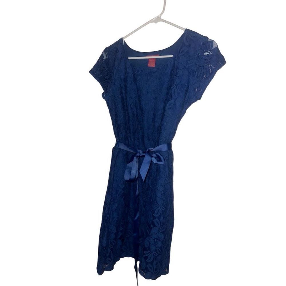 Sunny Leigh Women's Lace Dress Blue‎ Knee Length Cap Sleeve S preppy academia